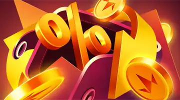 Изображение золотого символа процента в окружении золотых монет, символизирующее кэшбэк-бонус в Вулкан Престиж Интернет-казино.